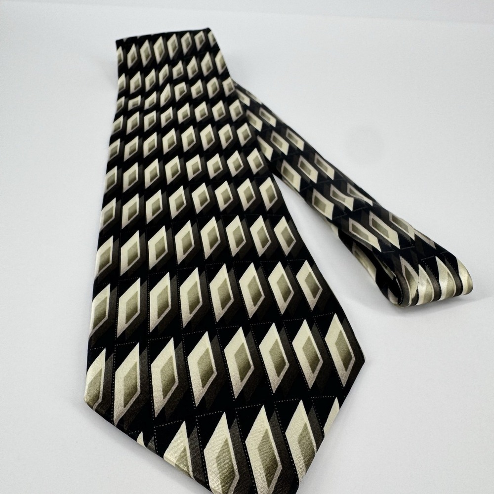 Geometric Diamond Silk‎ Tie Black Gold Beige Mens Classic Pattern Tie